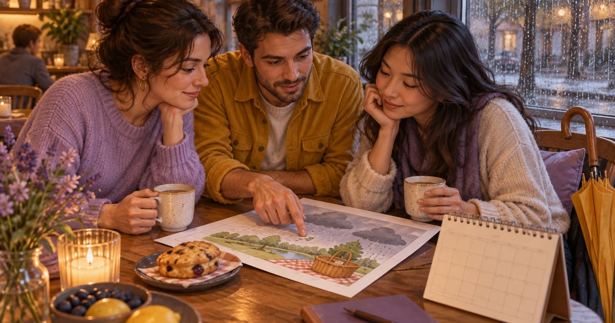 Trei prieteni discută la o masă de cafenea, cu un calendar și o umbrelă, în timp ce afară plouă.
