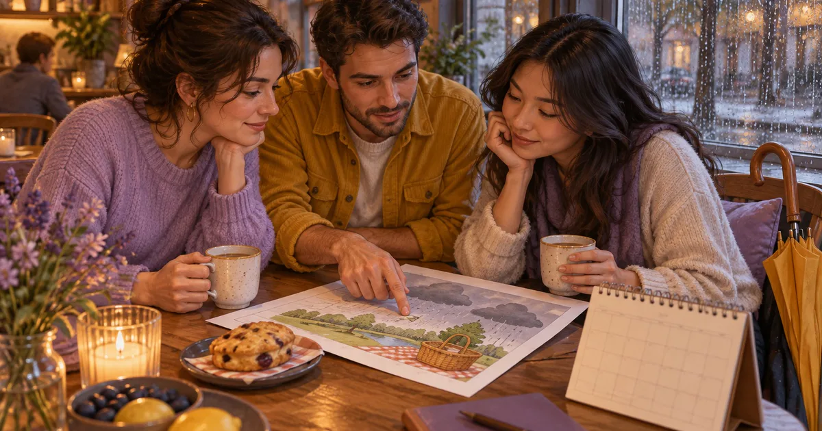 Trei prieteni discută la o masă de cafenea, cu un calendar și o umbrelă, în timp ce afară plouă.