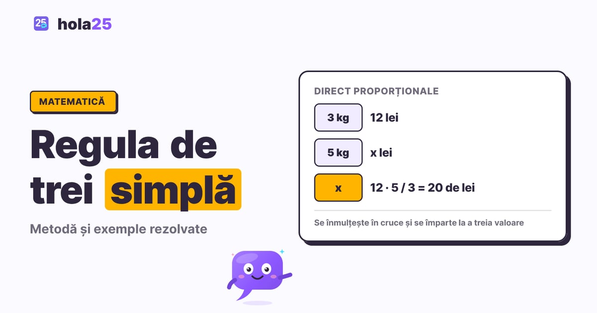 Regula de trei simplă pe un exemplu: 3 kg costă 12 lei, 5 kg costă 20 de lei
