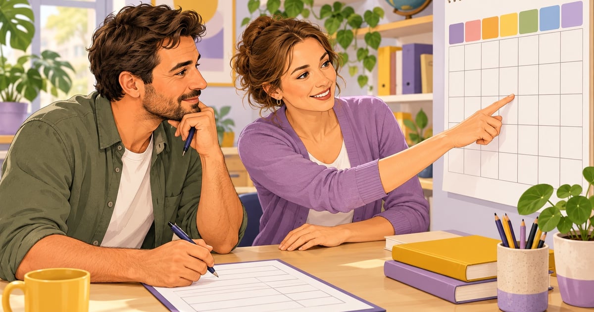 Un cursant privește un calendar mare, iar profesoara indică o căsuță goală din grilă.