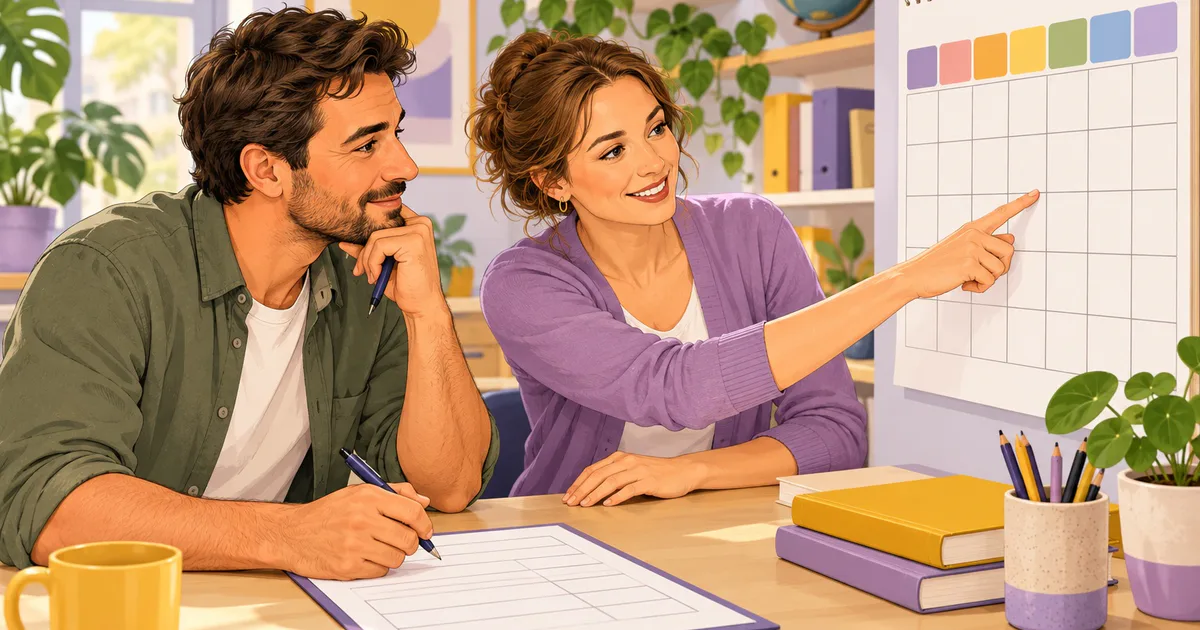 Un cursant privește un calendar mare, iar profesoara indică o căsuță goală din grilă.