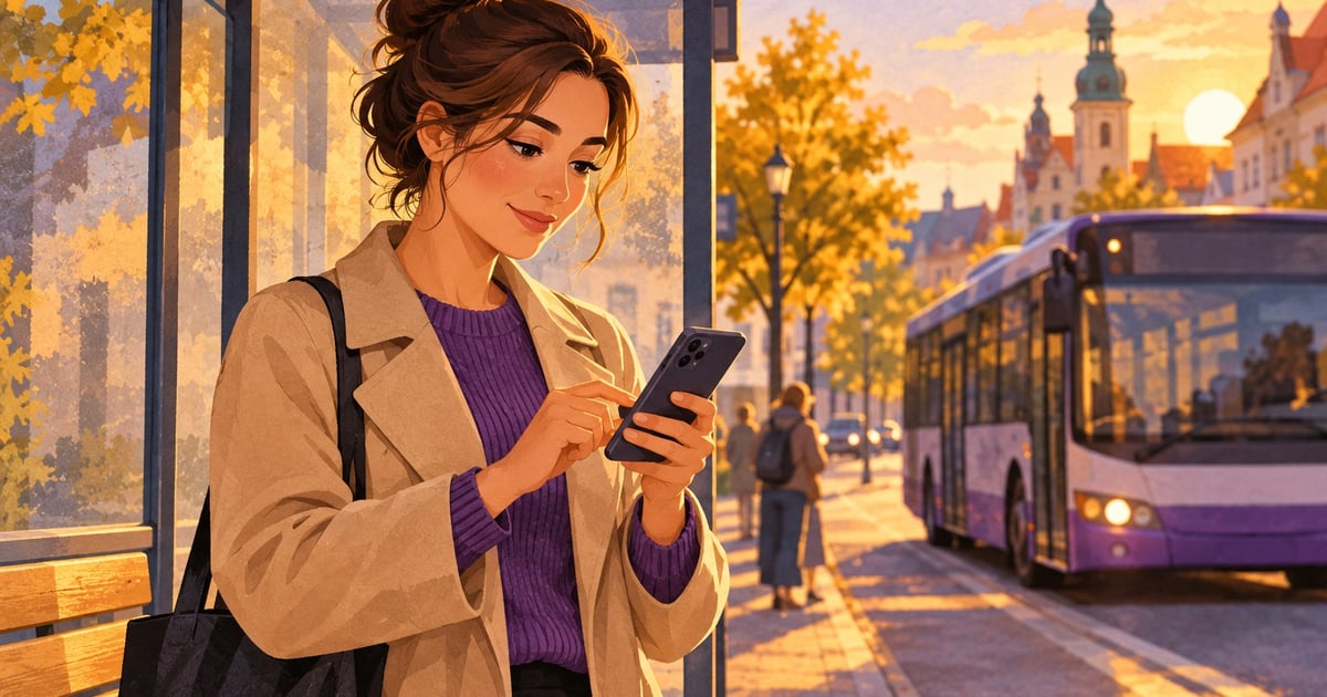 O femeie scrie pe telefon într-o stație, în apropierea unui tramvai.