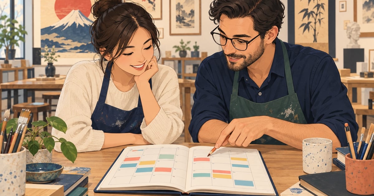 Doi adulți într-un atelier privesc o agendă deschisă, iar bărbatul indică un interval cu un creion.