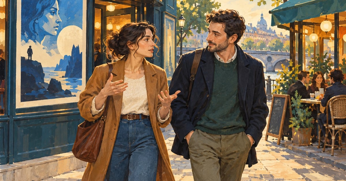 Doi prieteni discută un film după ieșirea din cinema, lângă un afiș albastru ilustrat și o cafenea.