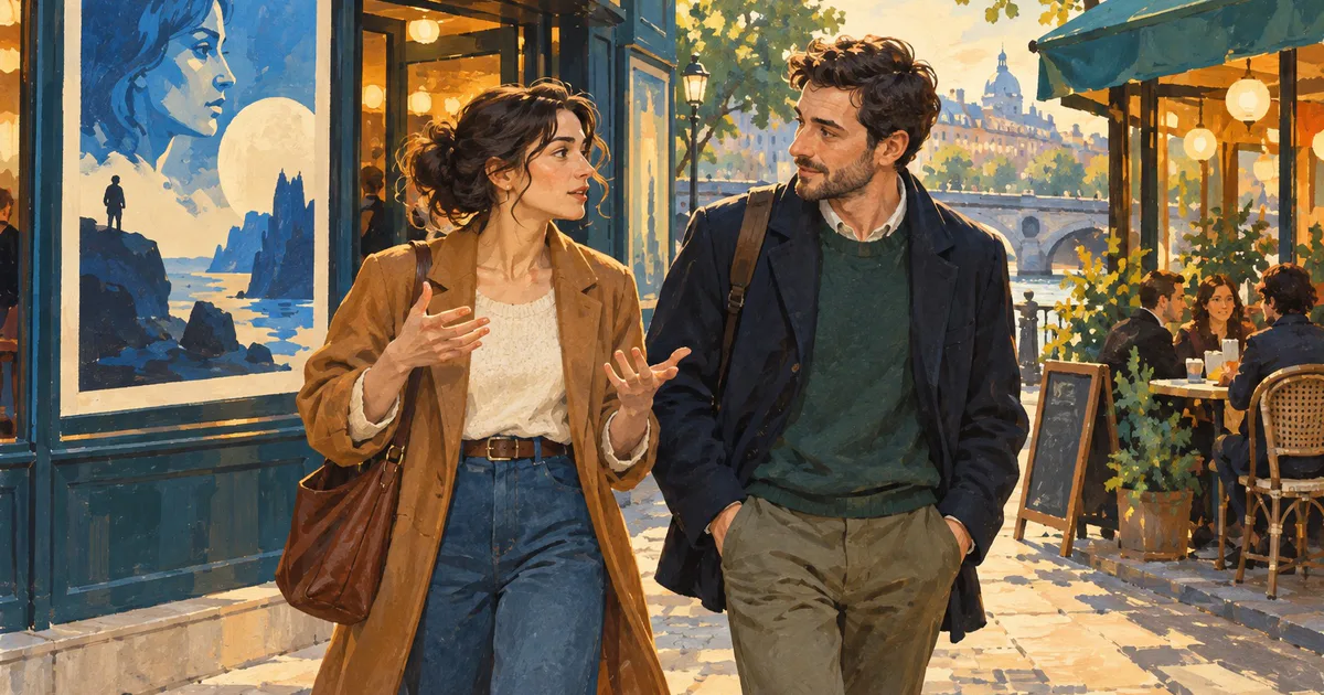 Doi prieteni discută un film după ieșirea din cinema, lângă un afiș albastru ilustrat și o cafenea.