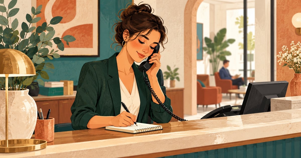 O recepționeră vorbește la telefon și notează un mesaj într-un caiet deschis pe tejghea.