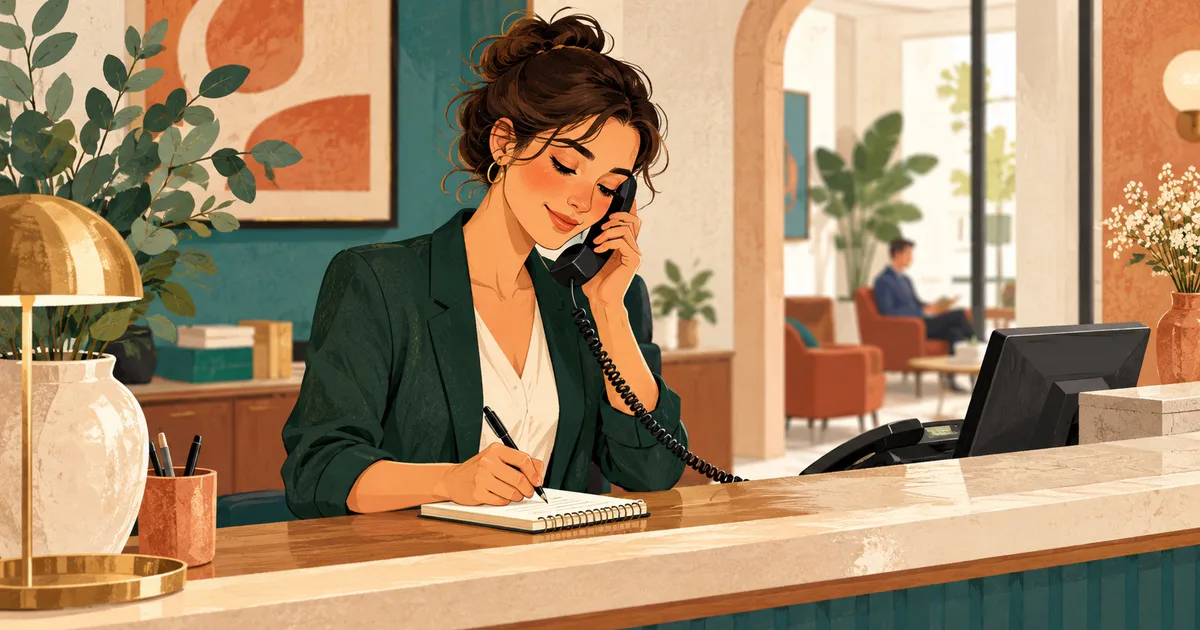 O recepționeră vorbește la telefon și notează un mesaj într-un caiet deschis pe tejghea.