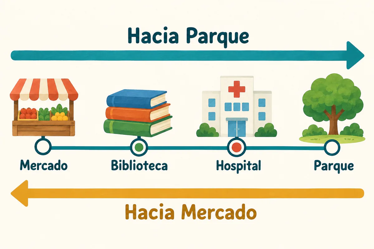 Traseu fictiv Mercado–Biblioteca–Hospital–Parque, cu săgeată spre dreapta către parc și spre stânga către piață.
