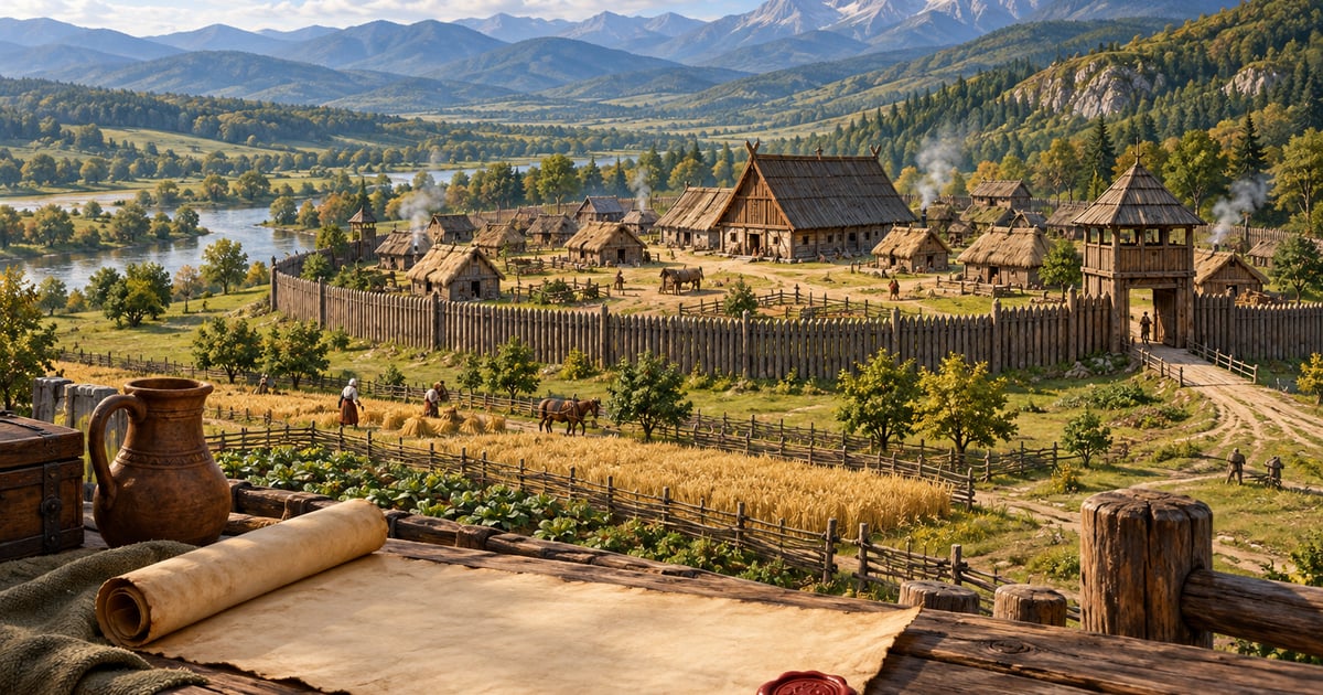 O așezare medievală din lemn și un pergament cu sigiliu sugerează organizarea locală.