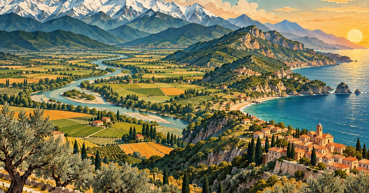 Peisaj conceptual cu arc montan, câmpie cultivată și litoral mediteraneean, inspirat de Italia.