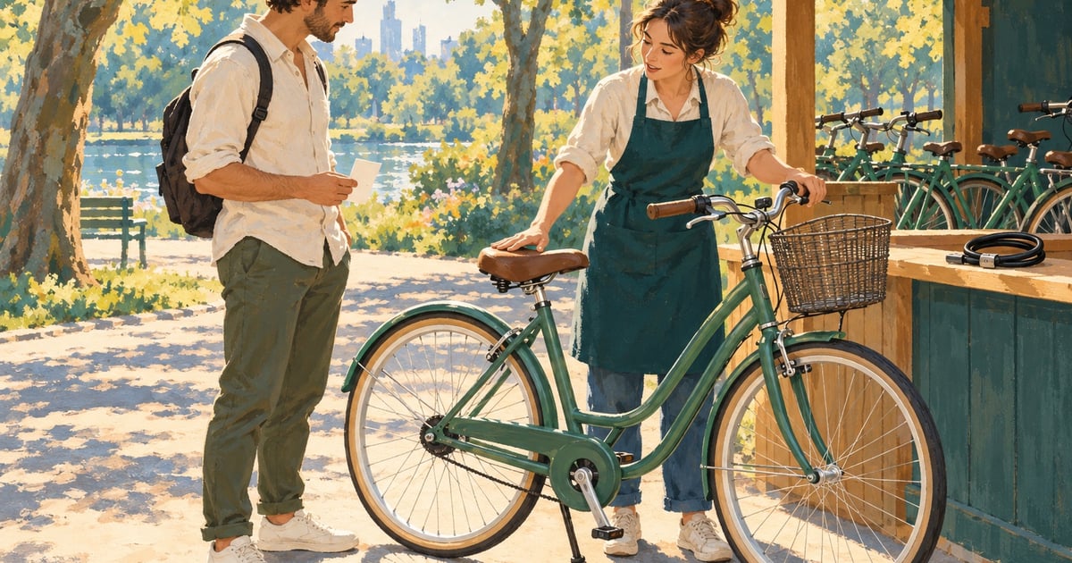 Un client discută cu angajata unui punct de închiriere despre șaua unei biciclete verzi cu coș, lângă intrarea în parc.