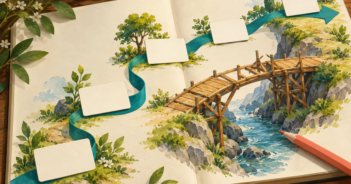 Un caiet cu cartonașe pe un traseu și un pod în construcție, ca metaforă pentru actul voluntar.