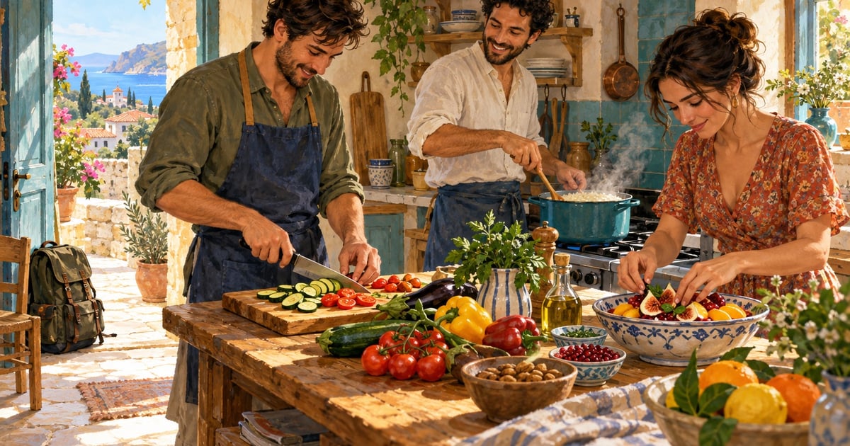 Trei prieteni pregătesc masa într-o casă de la sat: legume, orez și un desert cu fructe; lângă ușă este un rucsac.