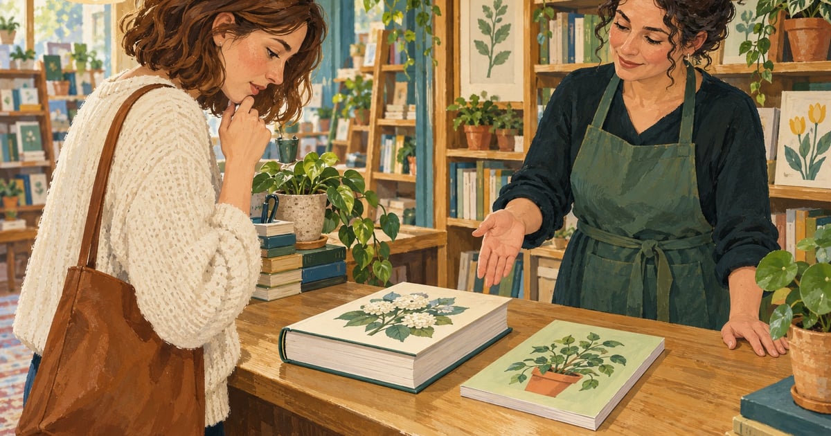 O clientă compară două ediții ale unei cărți despre grădinărit, una mai groasă și una mai mică, într-o librărie.