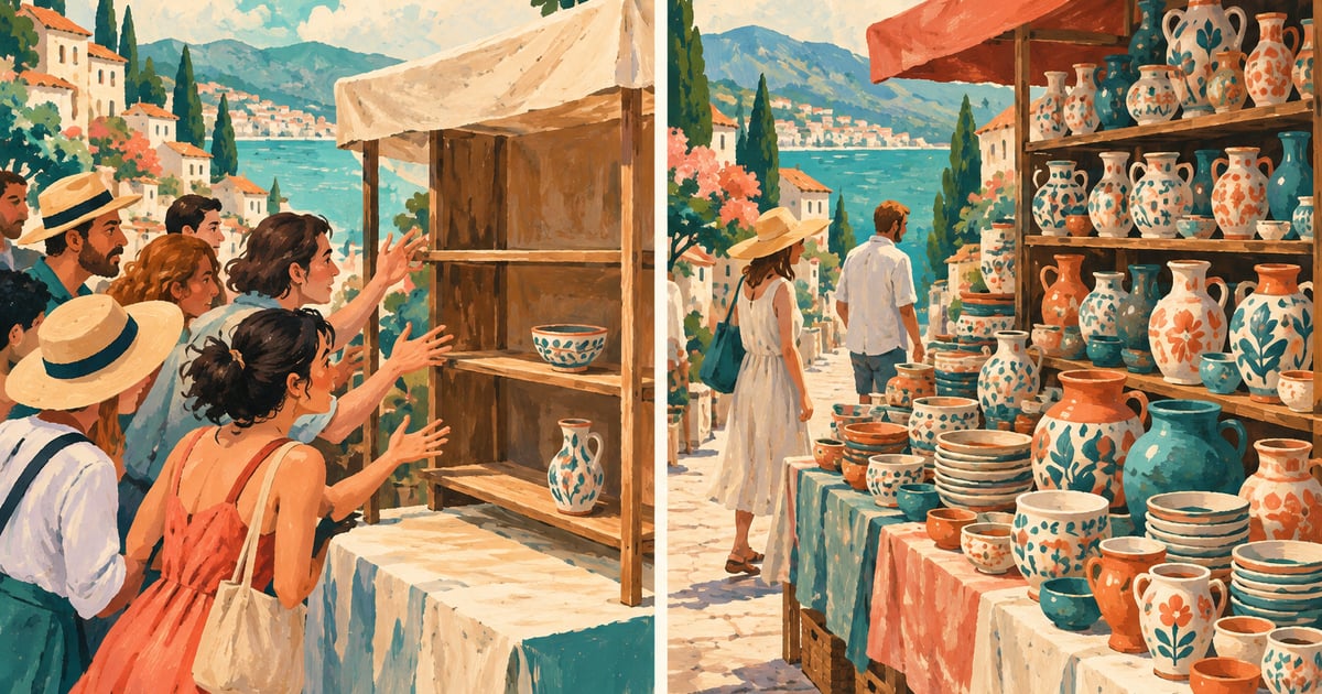 Două standuri, unul aproape gol și altul cu multe produse, ilustrație conceptuală.