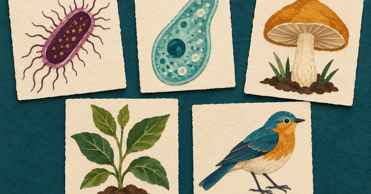 Cinci cartonașe artistice prezintă o bacterie, un protist, o ciupercă, o plantă și o pasăre.