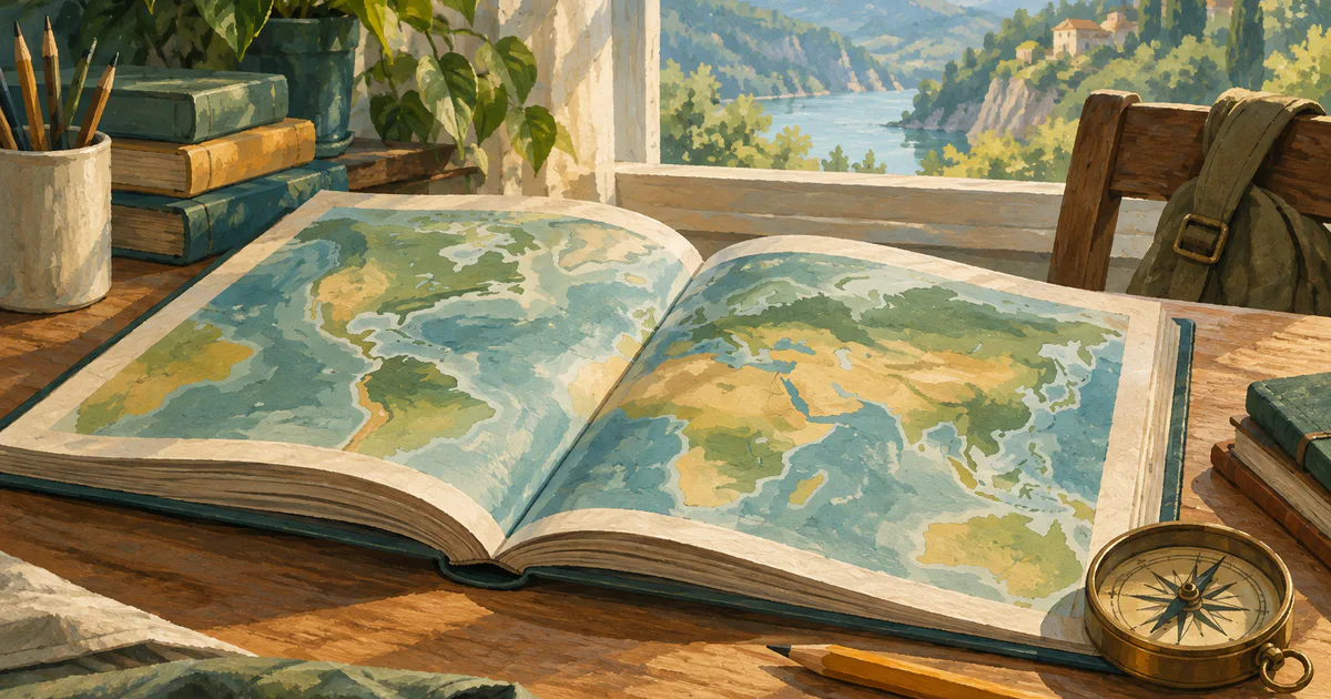 Un atlas fără etichete și un compas evocă localizarea statelor europene.