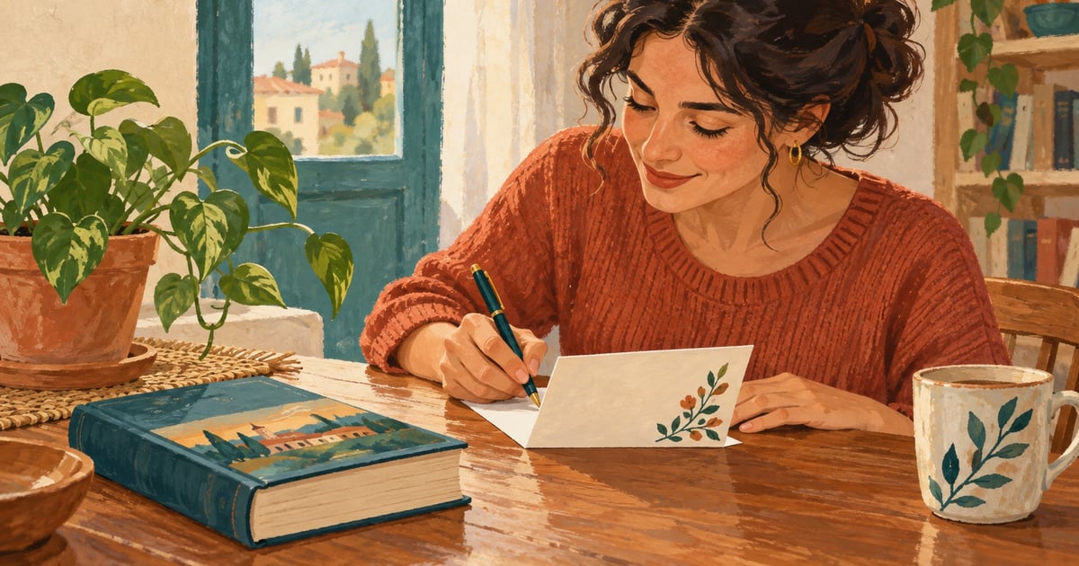 O femeie scrie o felicitare de mulțumire la o masă, lângă o carte și o plantă.