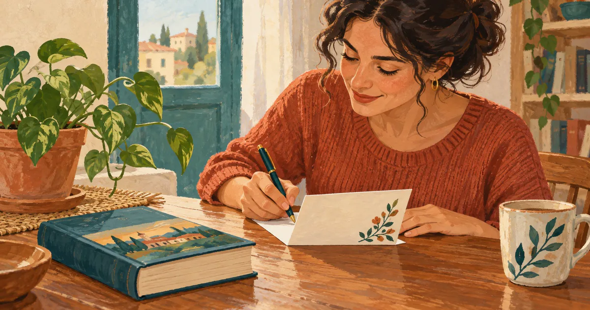 O femeie scrie o felicitare de mulțumire la o masă, lângă o carte și o plantă.