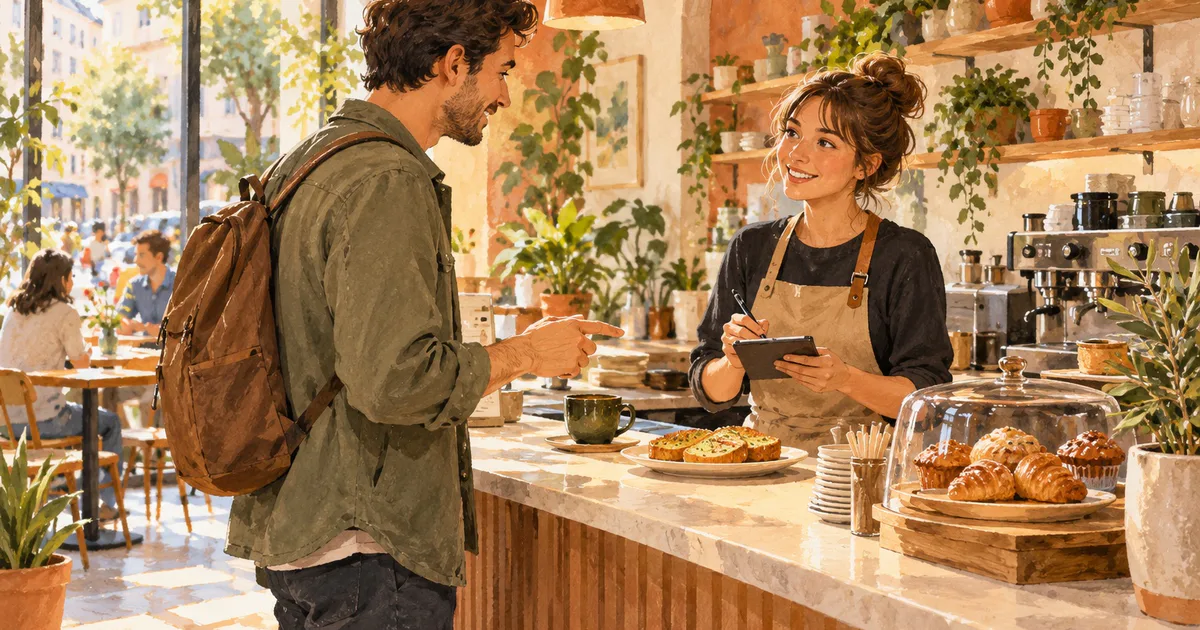Un client comandă cafea și pâine prăjită la tejgheaua unei cafenele, iar o angajată confirmă comanda.