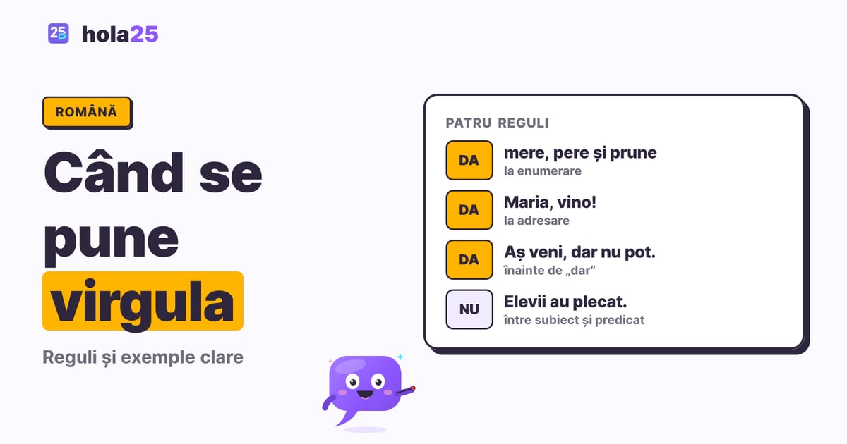 Patru reguli pentru virgulă: la enumerare, la adresare, înainte de dar și niciodată între subiect și predicat