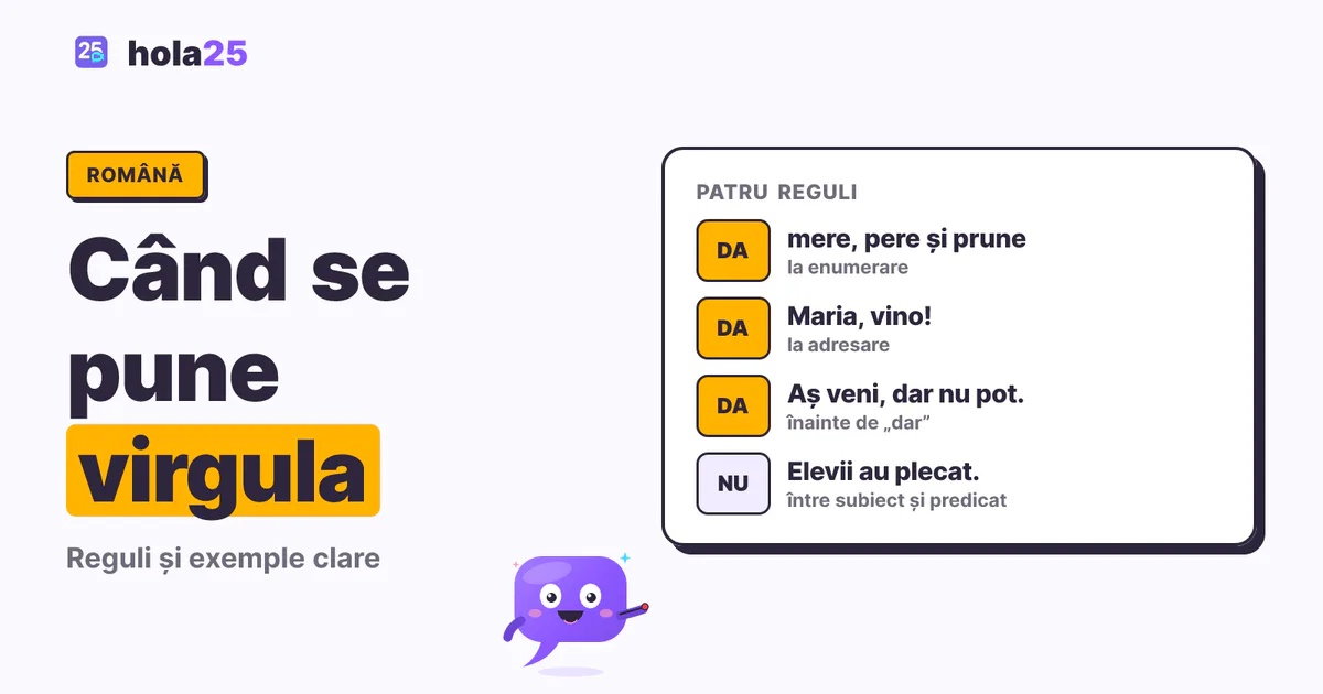 Patru reguli pentru virgulă: la enumerare, la adresare, înainte de dar și niciodată între subiect și predicat