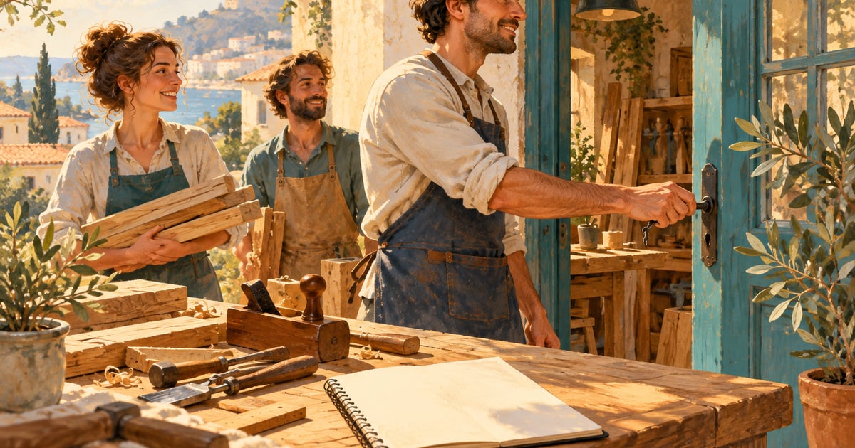 Antreprenor deschide un atelier alături de colaboratori, metaforă pentru inițiativă.