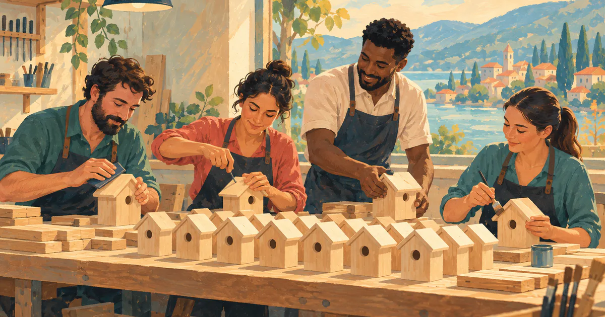Echipă într-un atelier de construcții din lemn, ilustrând modificarea factorului muncă.