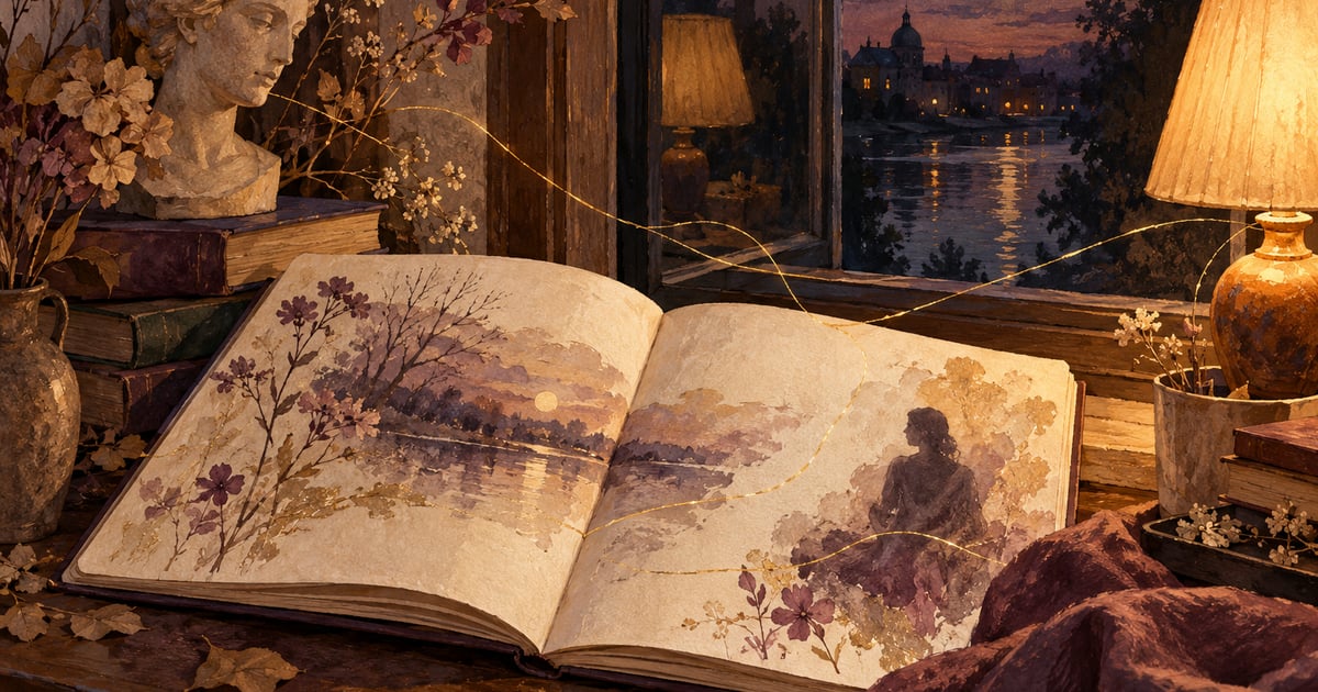 Un caiet de poezie alături de o fereastră cu o lumină caldă care se reflectă într-o cameră liniștită.