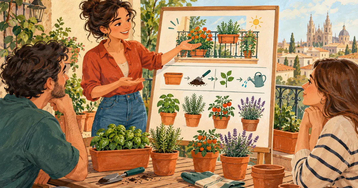 O femeie prezintă la doi prieteni un proiect de plante pe balcon, folosind un panou ilustrat cu etape.