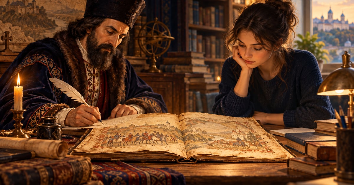 Un cronicar și un cititor contemporan privesc același manuscris într-o compoziție simbolică.