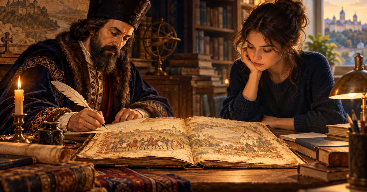 Un cronicar și un cititor contemporan privesc același manuscris într-o compoziție simbolică.
