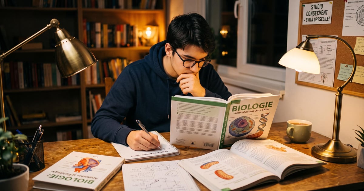 Elev studiind pentru Bacalaureat la Biologie, evitând greșeli comune de pregătire
