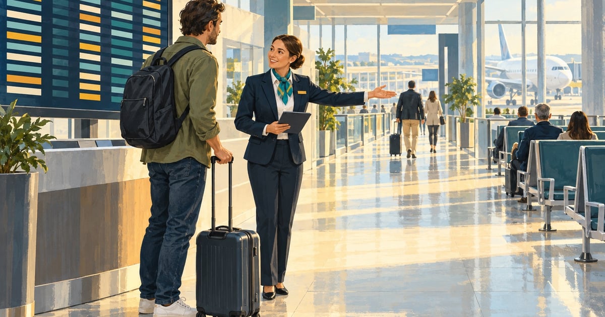 Un călător cu o geantă mică verifică poarta cu o angajată a aeroportului, lângă panoul plecărilor și coridorul spre porți.