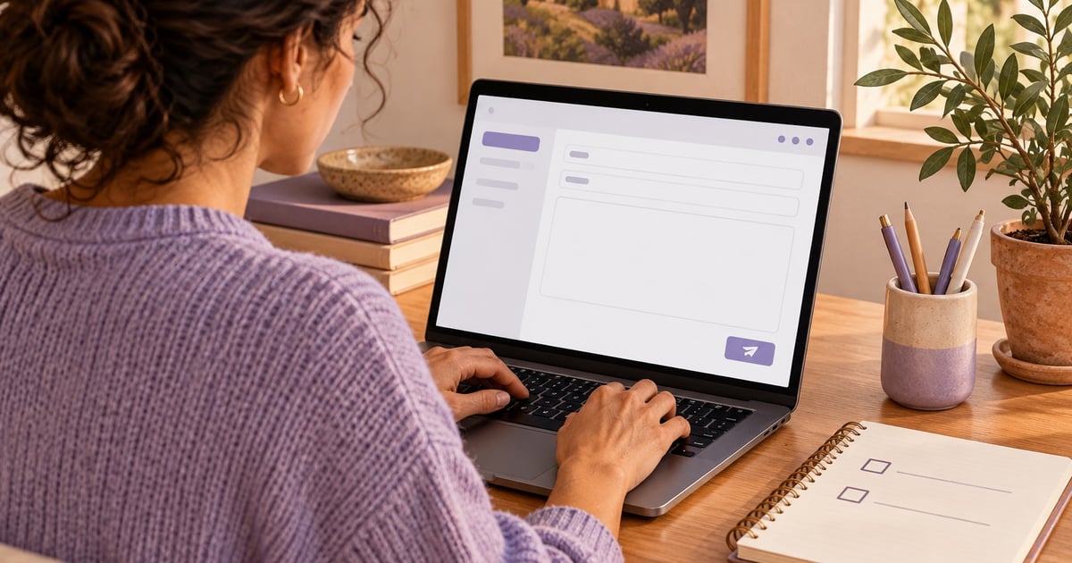O femeie redactează un e-mail pe laptop, având lângă ea un caiet cu două căsuțe de verificare și un suport cu creioane.