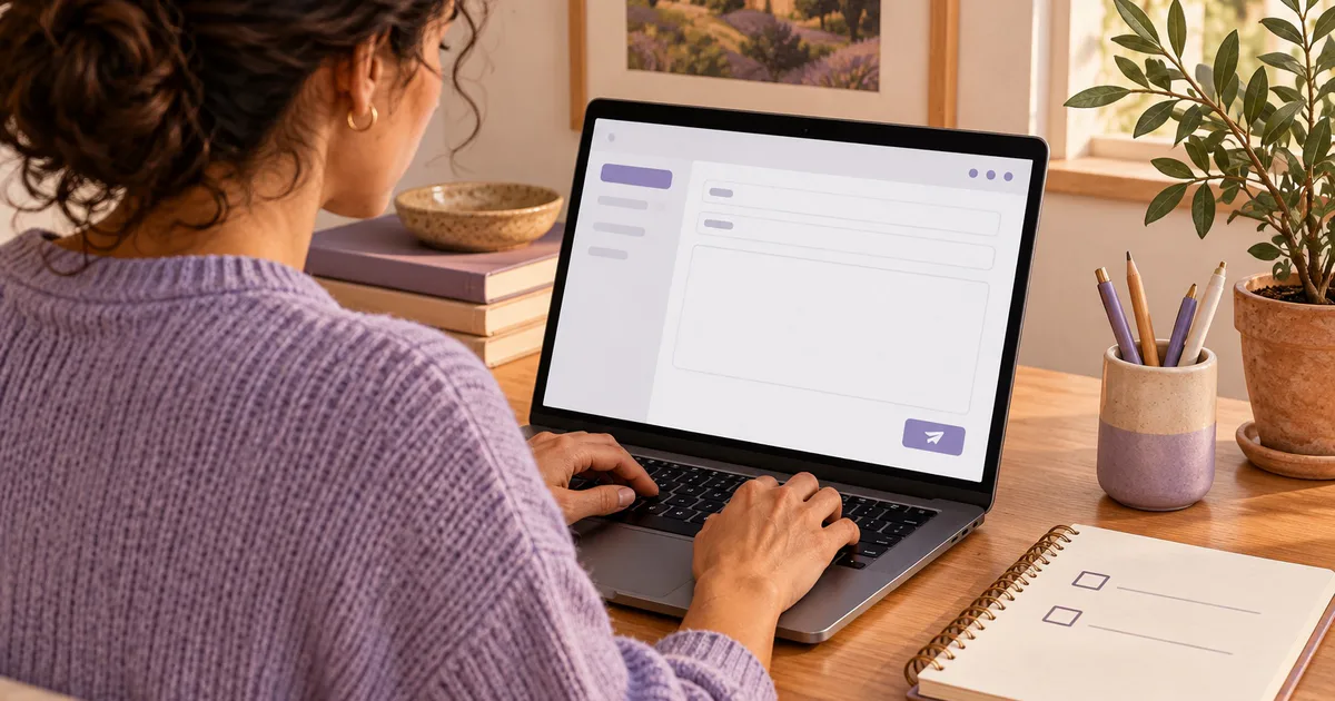 O femeie redactează un e-mail pe laptop, având lângă ea un caiet cu două căsuțe de verificare și un suport cu creioane.