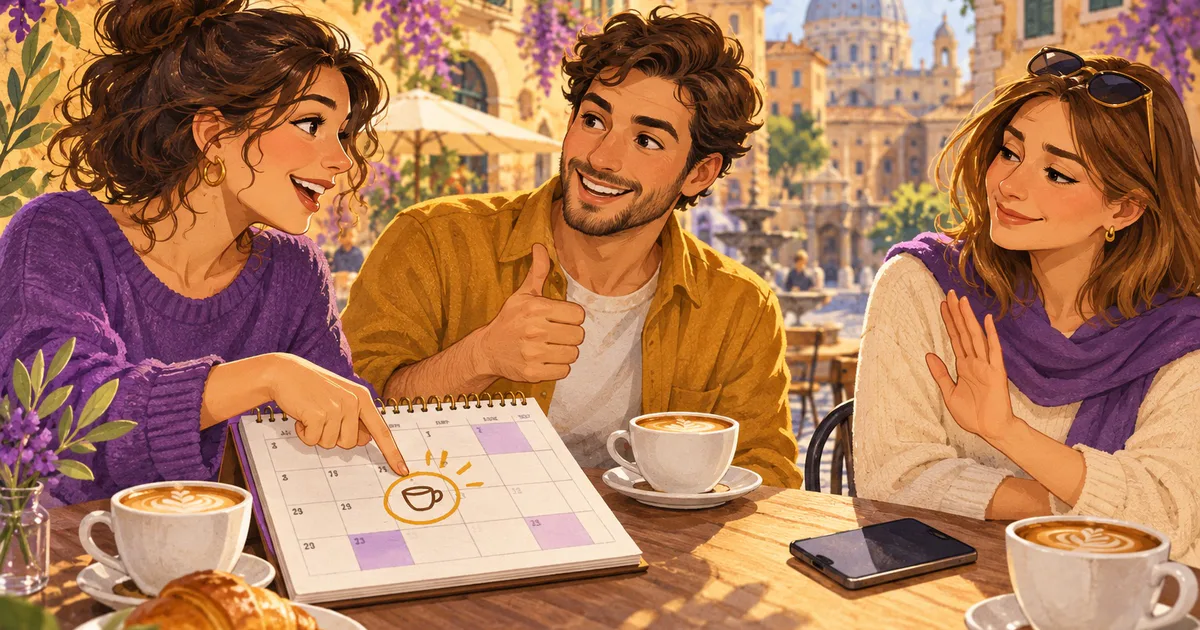Trei prieteni discută la cafenea și aleg o zi într-un calendar deschis.
