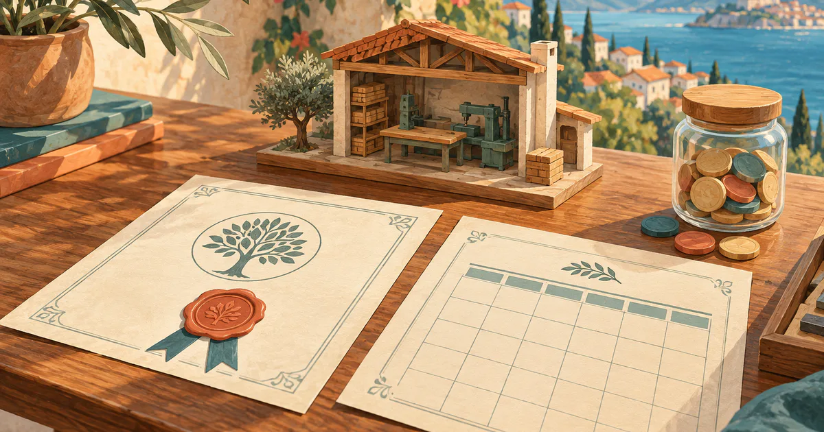 Două certificate conceptuale și un atelier în miniatură, ilustrând titluri financiare.