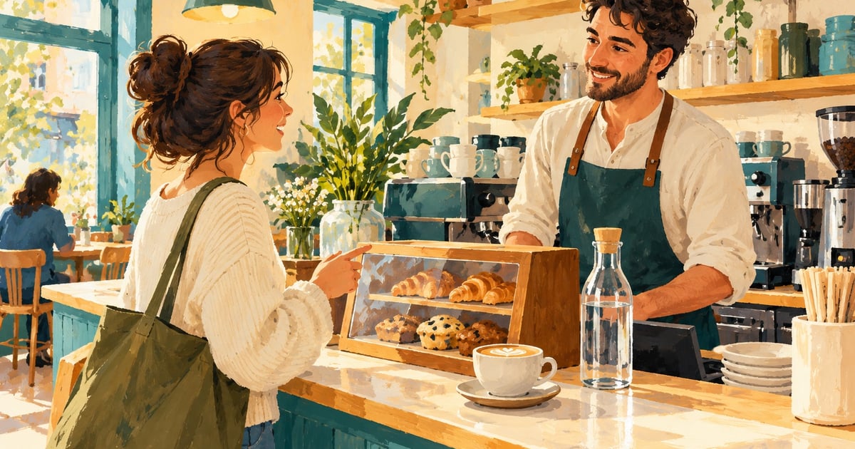 Un client comandă la tejgheaua unei cafenele luminoase, barista ascultă, cești și sticlă de apă vizibile.