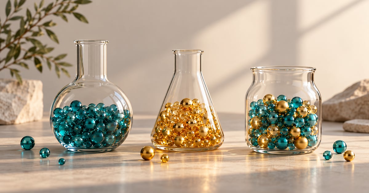 Trei vase decorative cu mărgele turcoaz și aurii în proporții diferite.