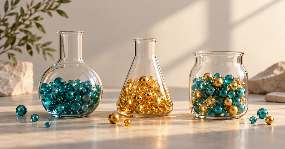 Trei vase decorative cu mărgele turcoaz și aurii în proporții diferite.