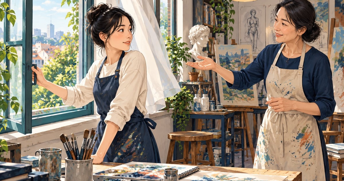 O cursantă ține mânerul ferestrei deschise, iar profesoara îi vorbește într-un atelier de pictură.