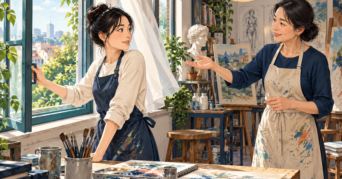 O cursantă ține mânerul ferestrei deschise, iar profesoara îi vorbește într-un atelier de pictură.