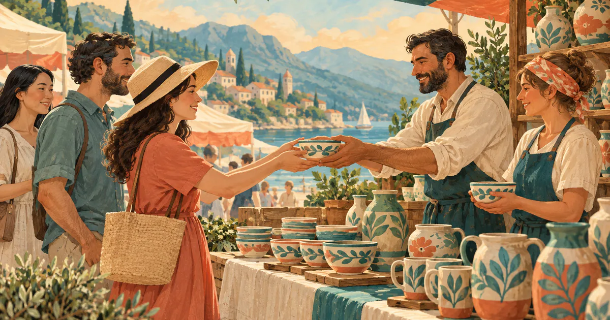 Cumpărători și vânzători de ceramică la o piață, ilustrație conceptuală despre schimb.