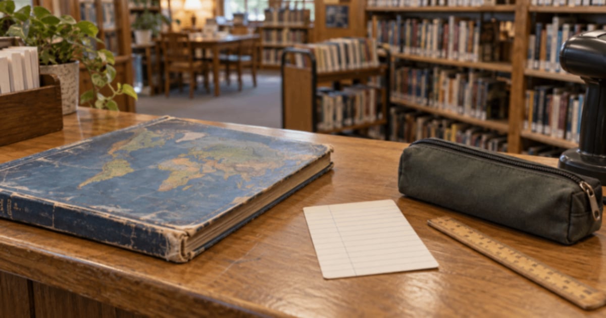 Atlas, fișă de împrumut și penar pe tejgheaua unei biblioteci.