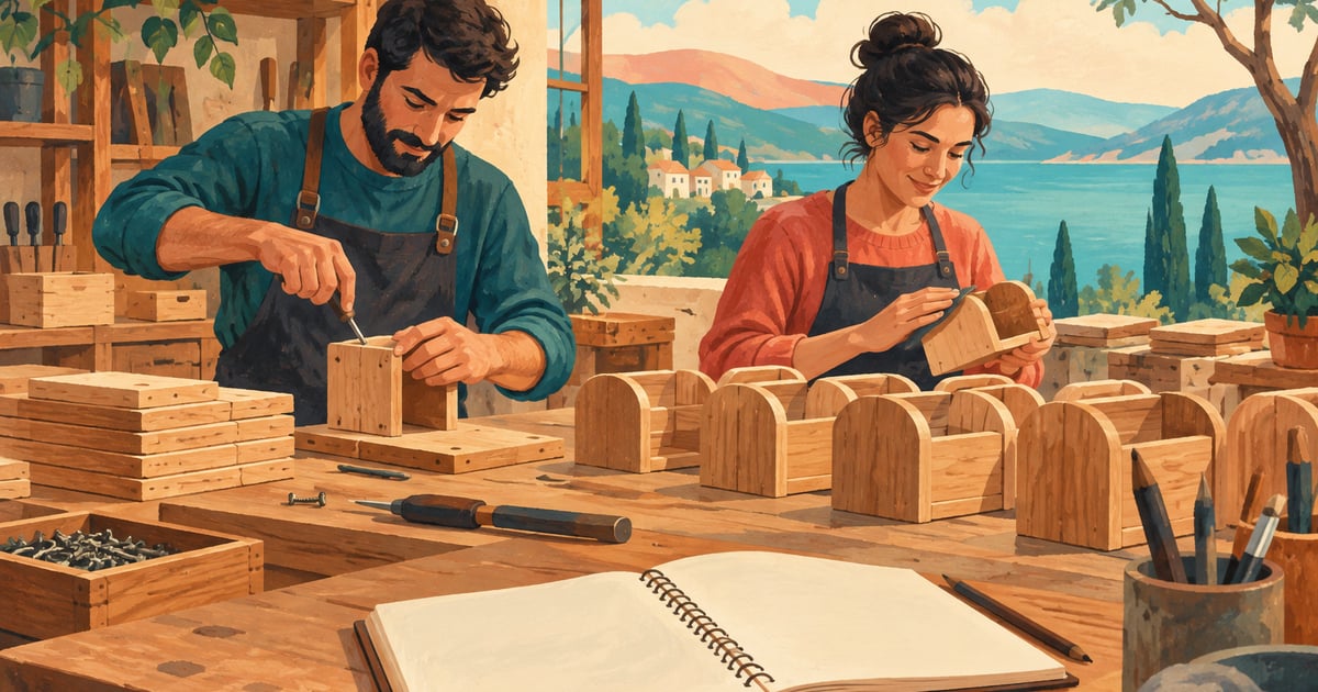 Doi lucrători la un banc organizat, ilustrație conceptuală despre eficiență și costuri.