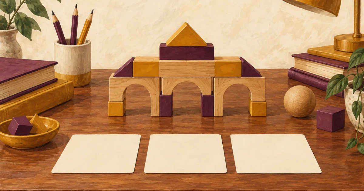 Un pod construit din piese geometrice lângă trei cartonașe, ilustrând conceptual construirea silogismului.