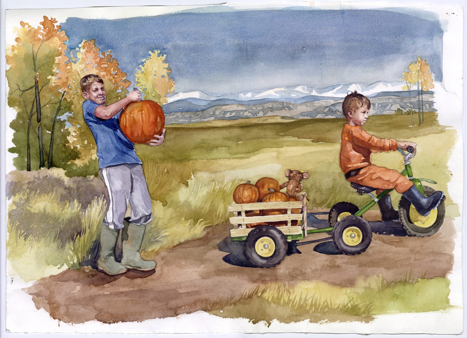 Picking Pumpkins, watercolor painting by Bethany Bartholomew