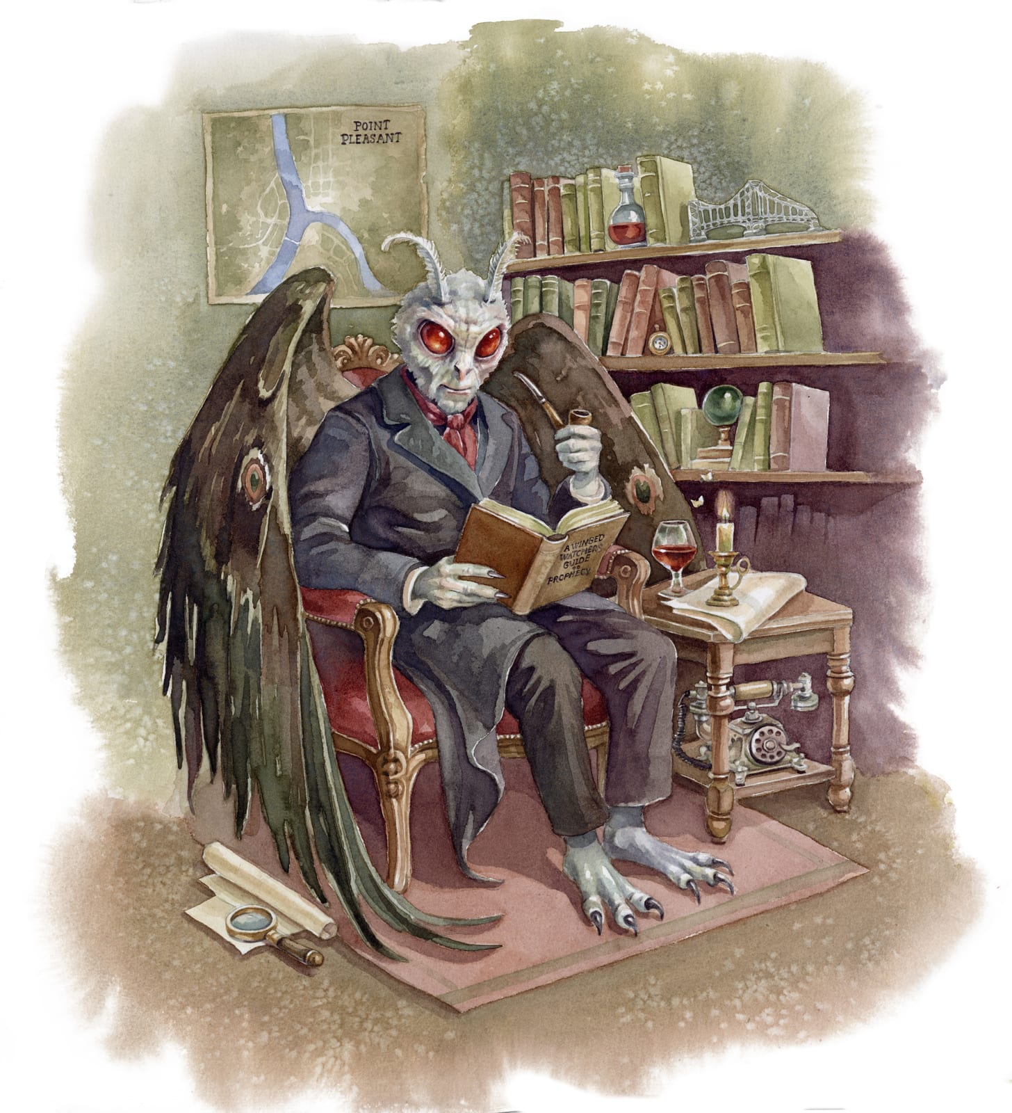 Mothman, watercolor painting by Bethany Bartholomew