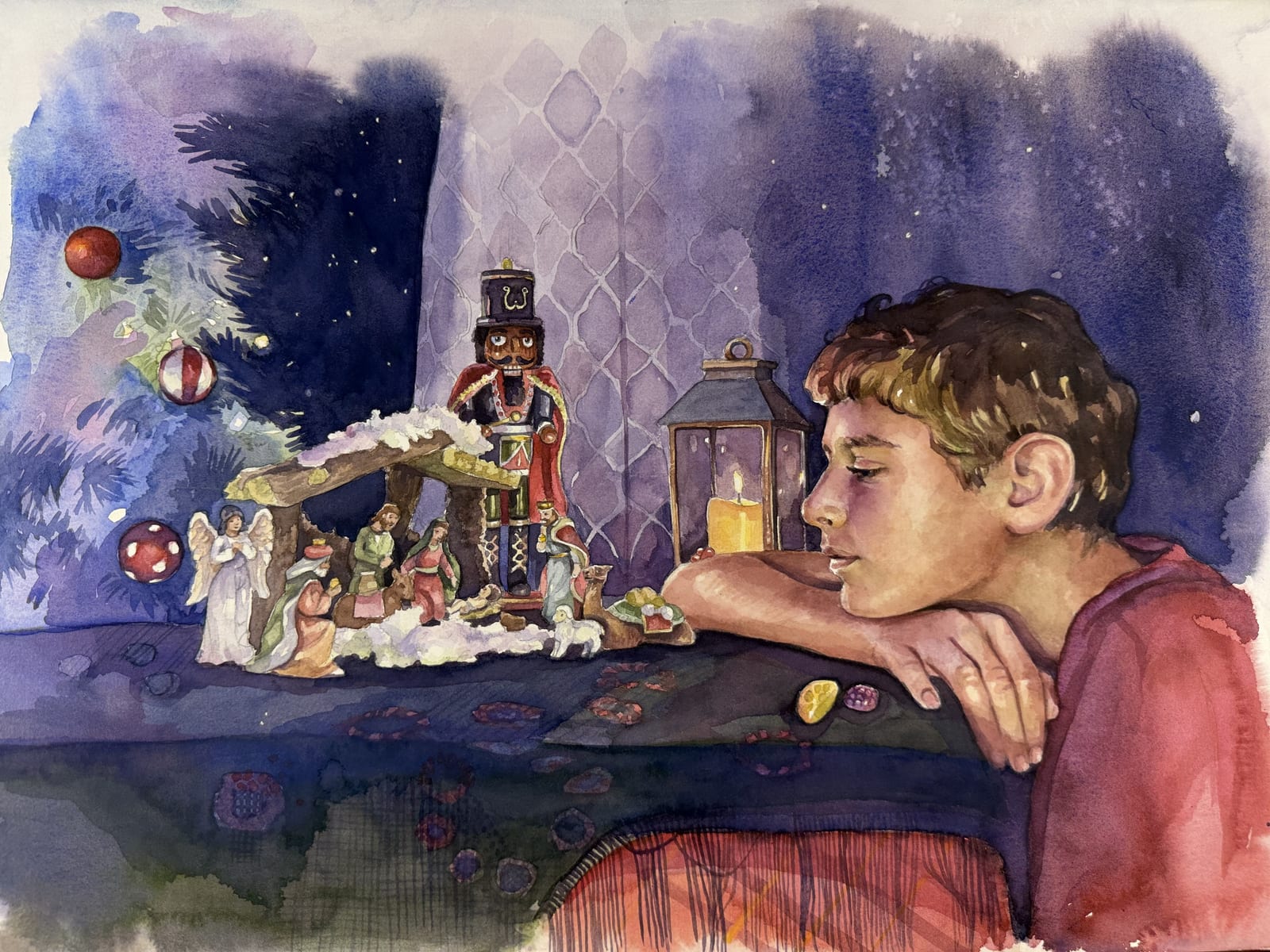 Quiet Christmas Eve, watercolor painting by Bethany Bartholomew